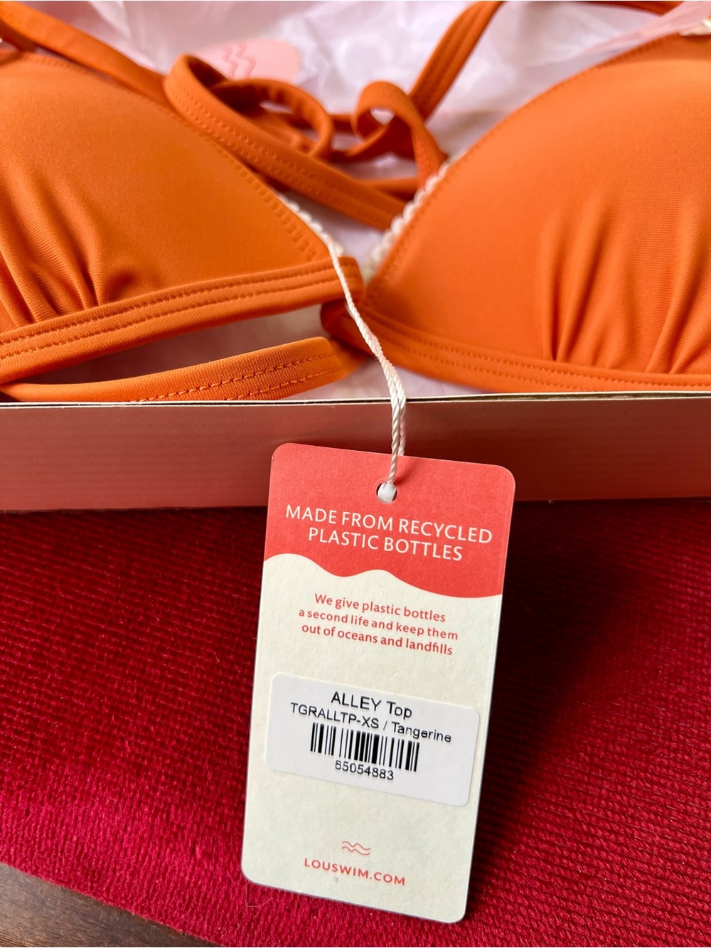 Lou Swim Orange Triangle Bikini Top with White Trim and Bow Accents - Picture 4 of 7